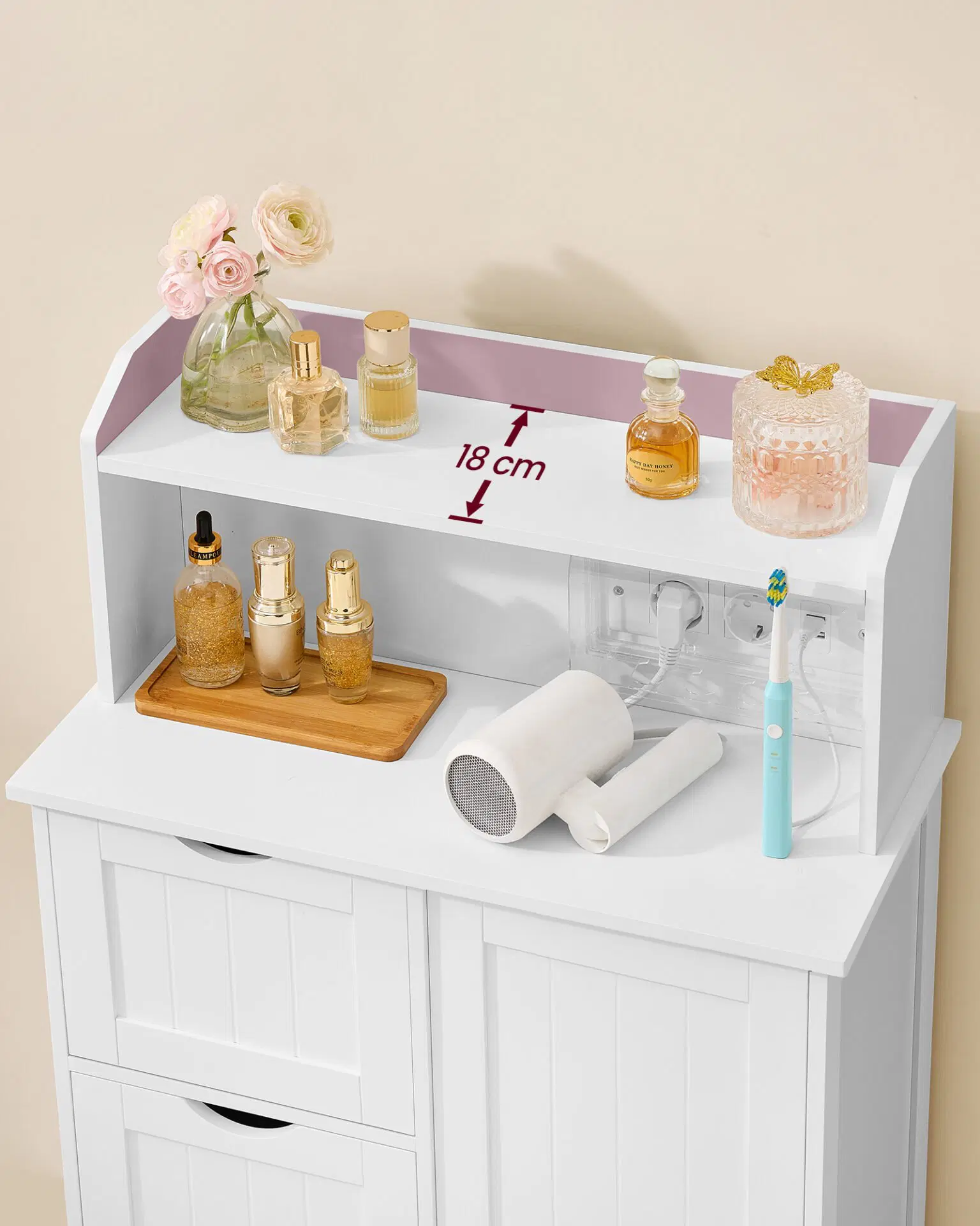 Dulap de baie VASAGLE cu priza USB, sertare, usa si rafturi reglabile, alb