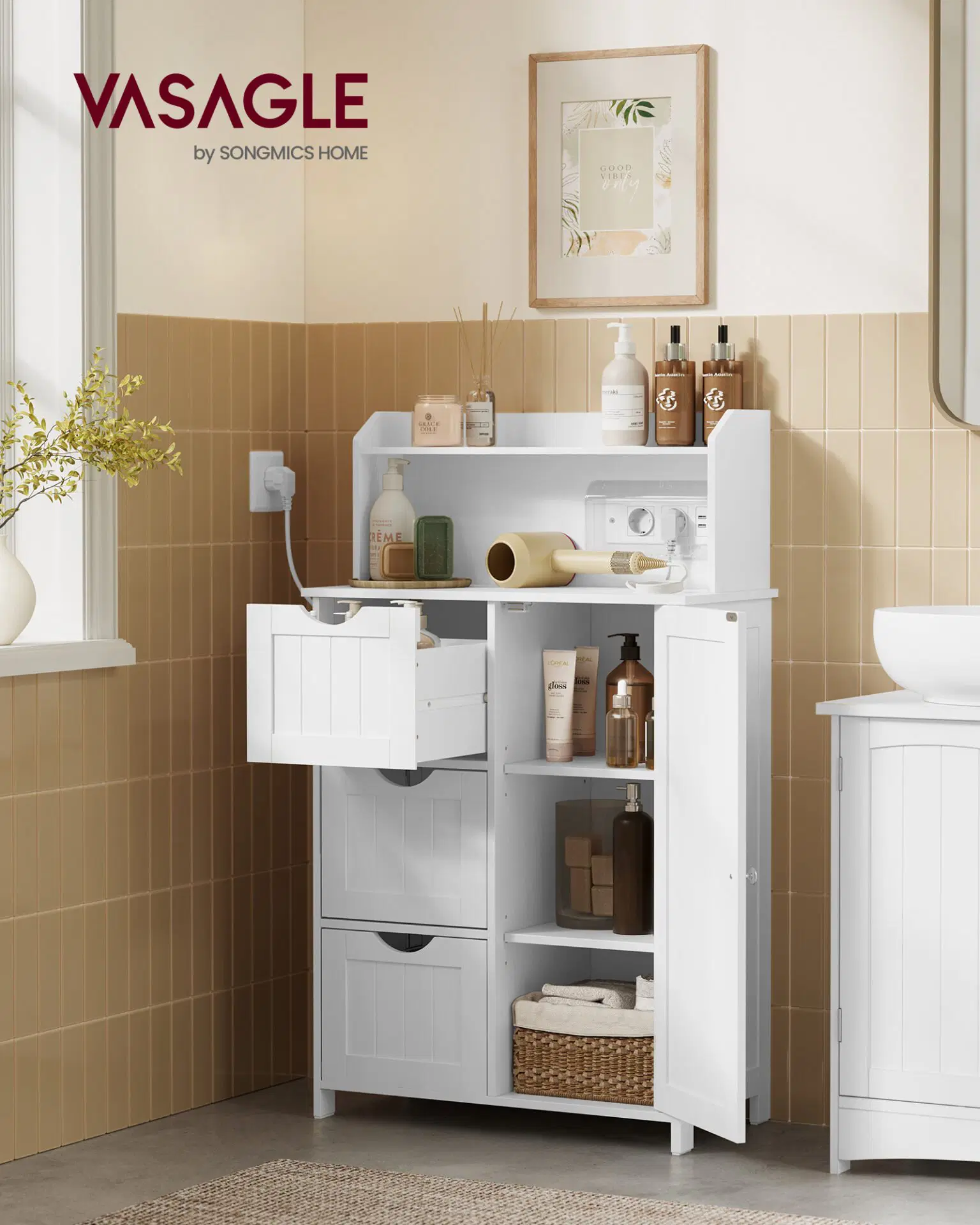 Dulap de baie VASAGLE cu priza USB, sertare, usa si rafturi reglabile, alb