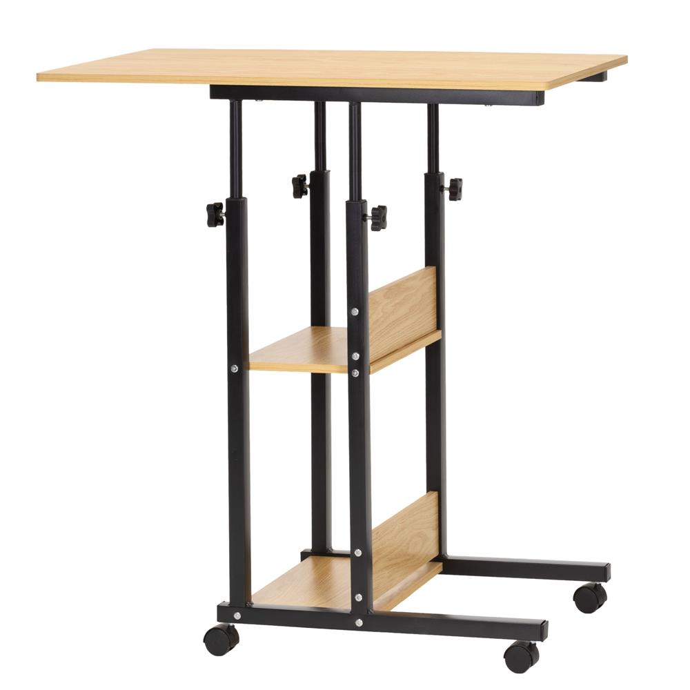 Birou reglabil pe inaltime cu rafturi si roti, 80x40 cm, maro natur