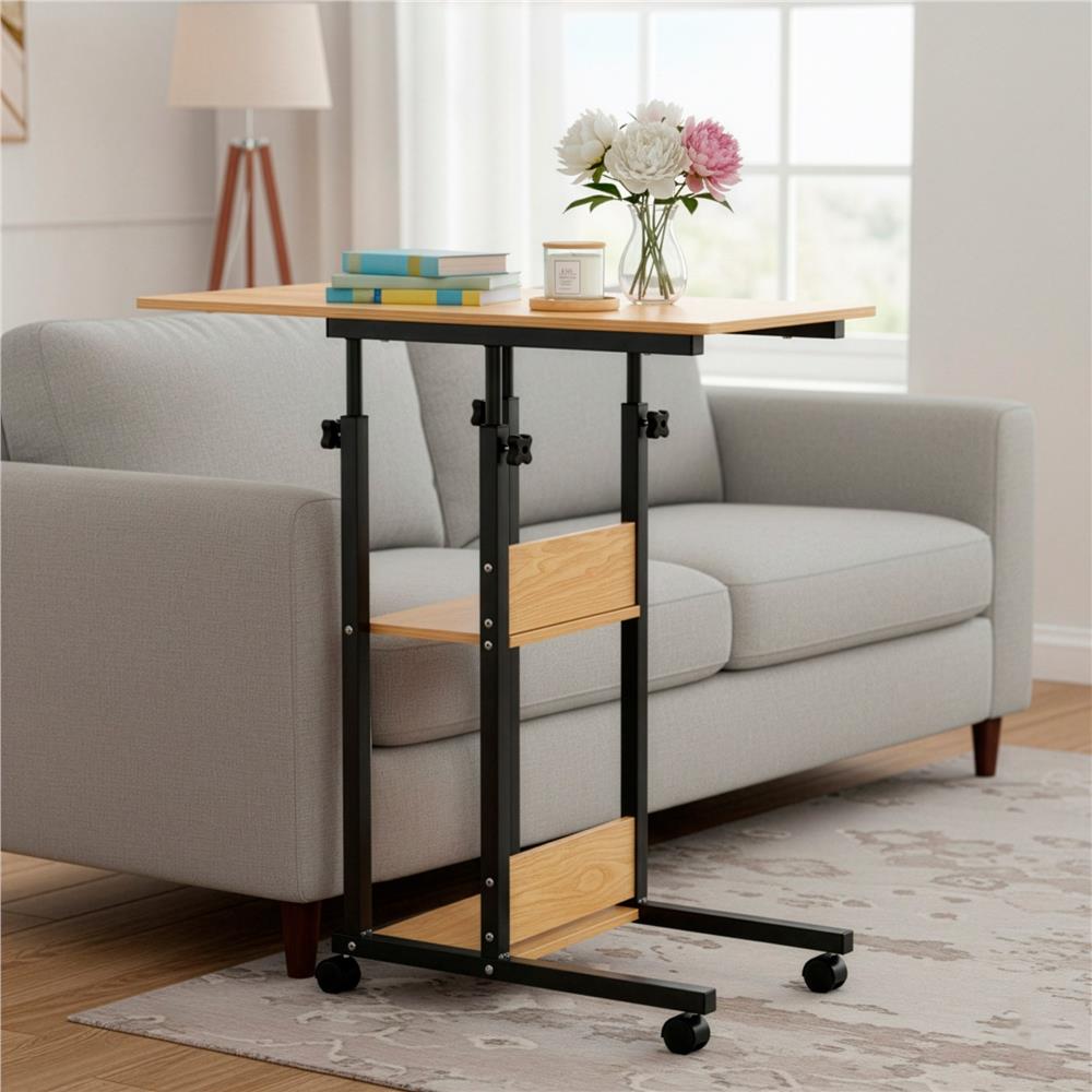 Birou reglabil pe inaltime cu rafturi si roti, 80x40 cm, maro natur