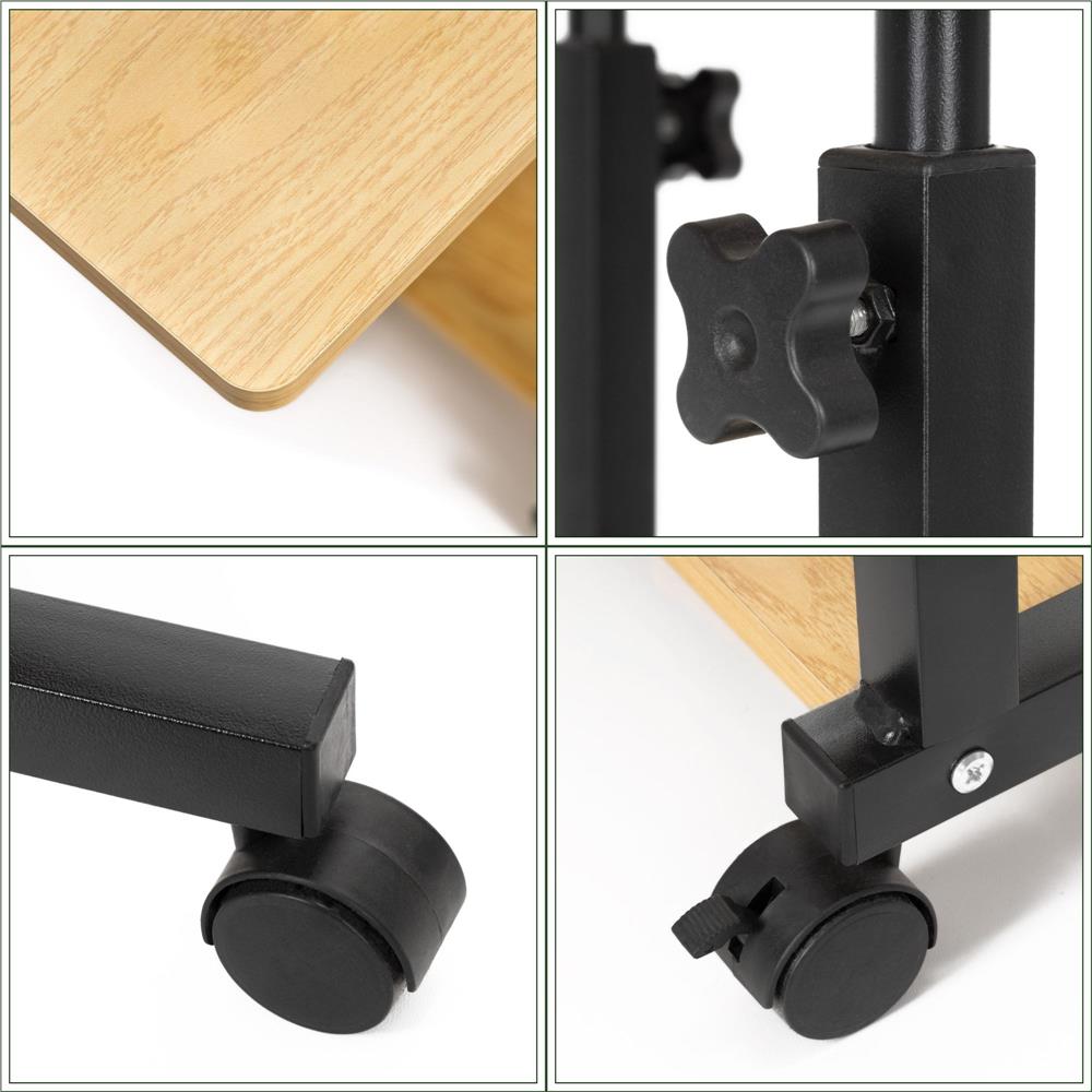 Birou reglabil pe inaltime cu rafturi si roti, 80x40 cm, maro natur