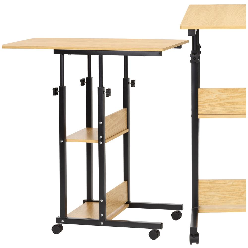 Birou reglabil pe inaltime cu rafturi si roti, 80x40 cm, maro natur