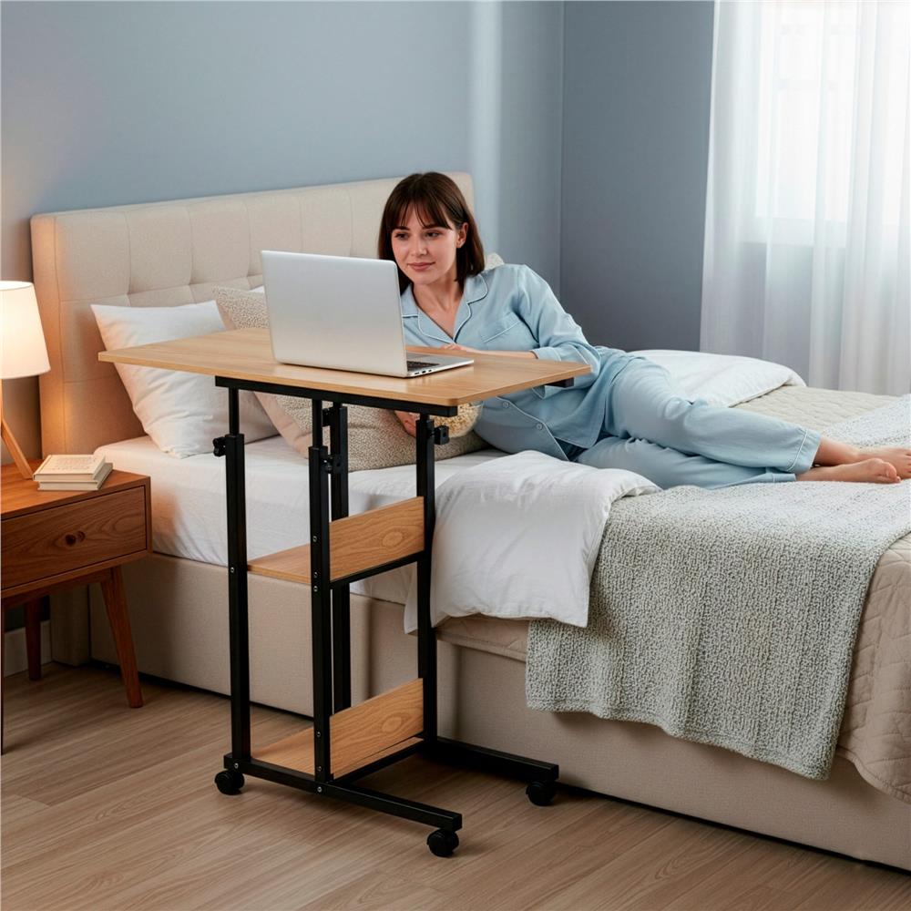 Birou reglabil pe inaltime cu rafturi si roti, 80x40 cm, maro natur