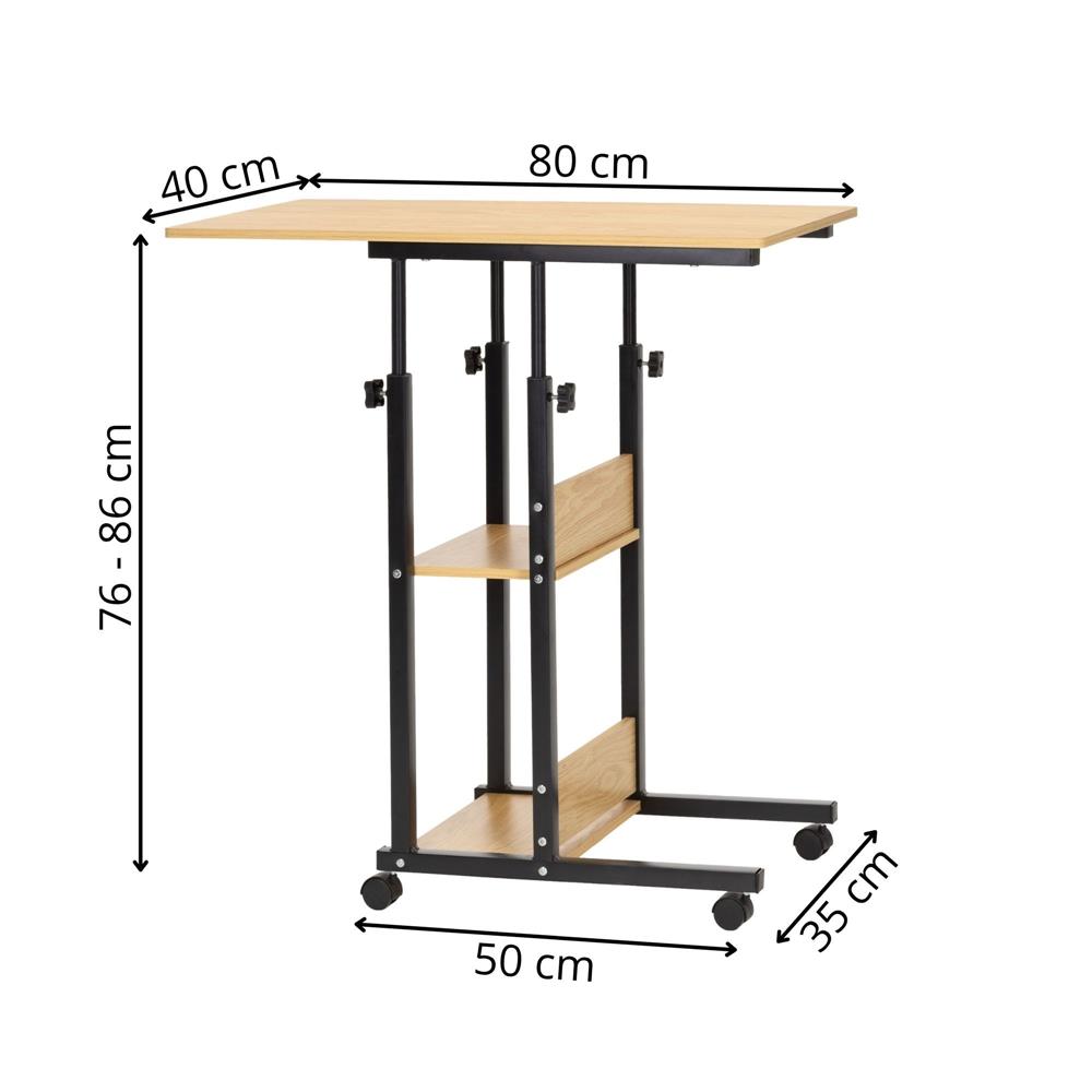 Birou reglabil pe inaltime cu rafturi si roti, 80x40 cm, maro natur