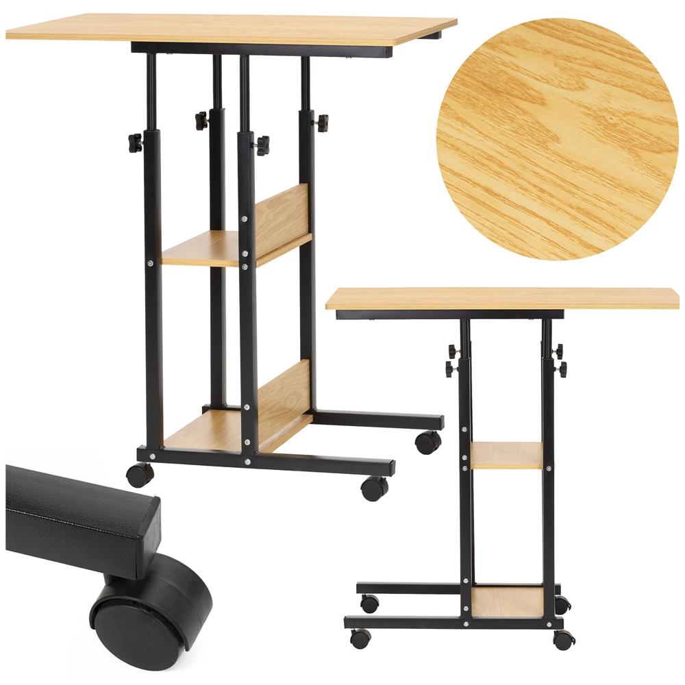 Birou reglabil pe inaltime cu rafturi si roti, 80x40 cm, maro natur