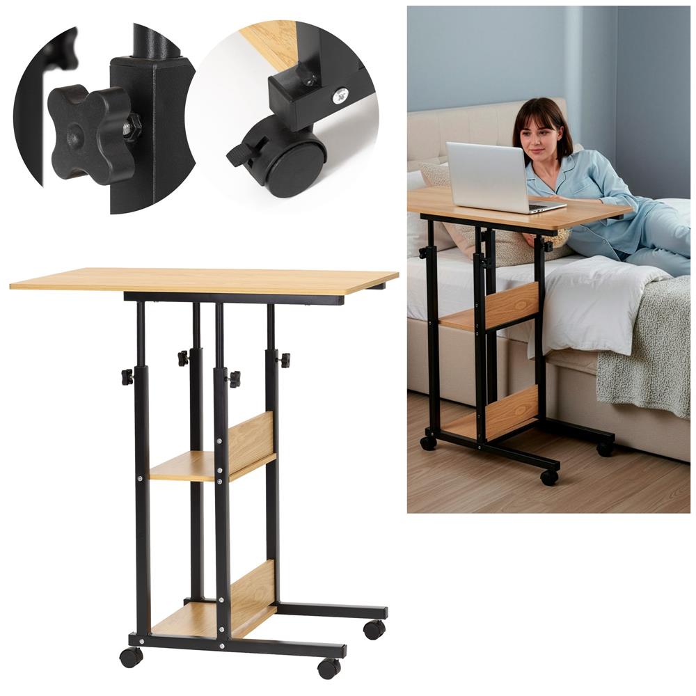 Birou reglabil pe inaltime cu rafturi si roti, 80x40 cm, maro natur