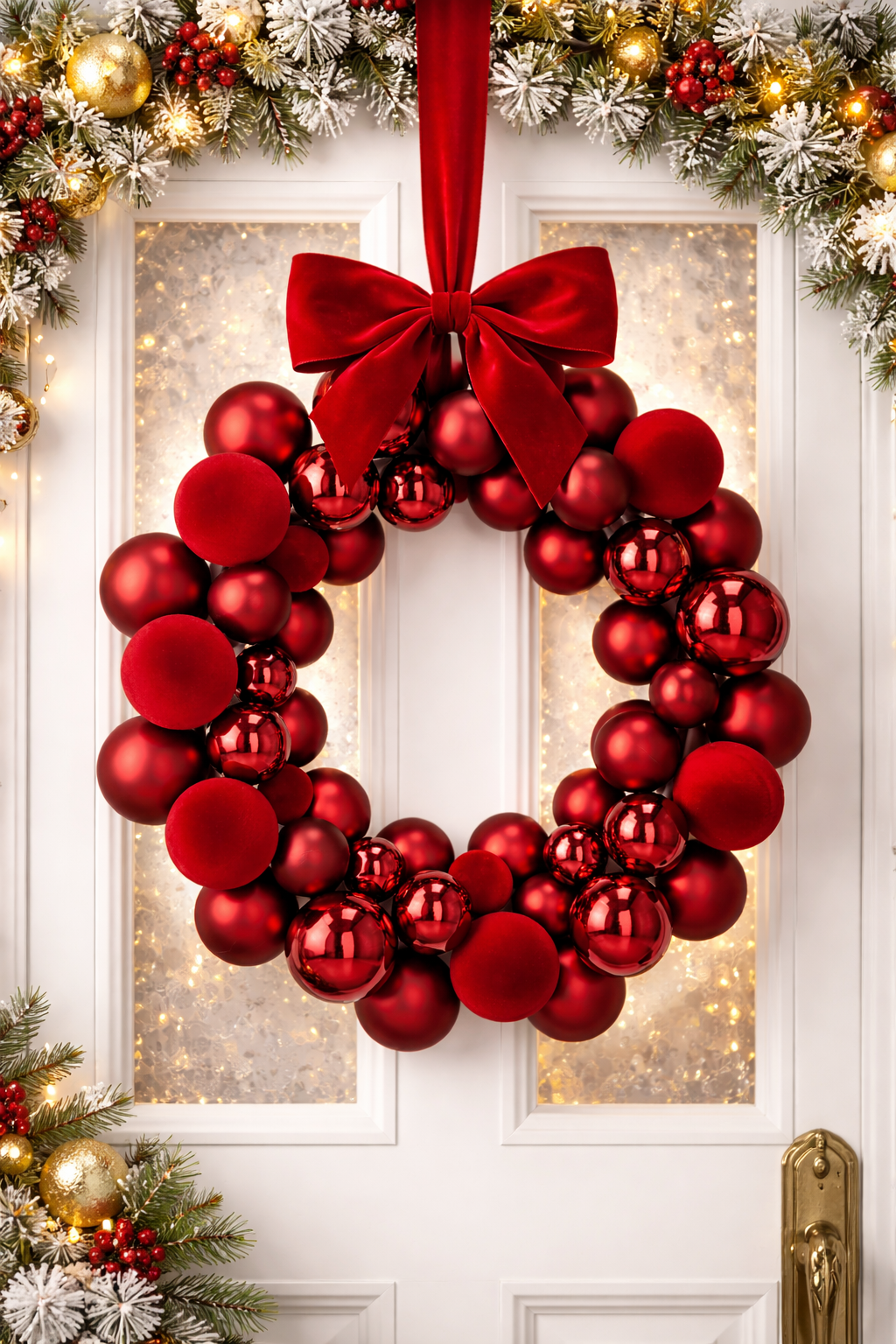 Coronita decorativa de Craciun cu 55 globuri rosii din plastic, 2.5-4.5 cm