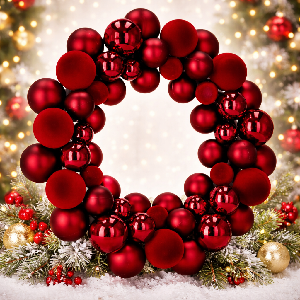 Coronita decorativa de Craciun cu 55 globuri rosii din plastic, 2.5-4.5 cm