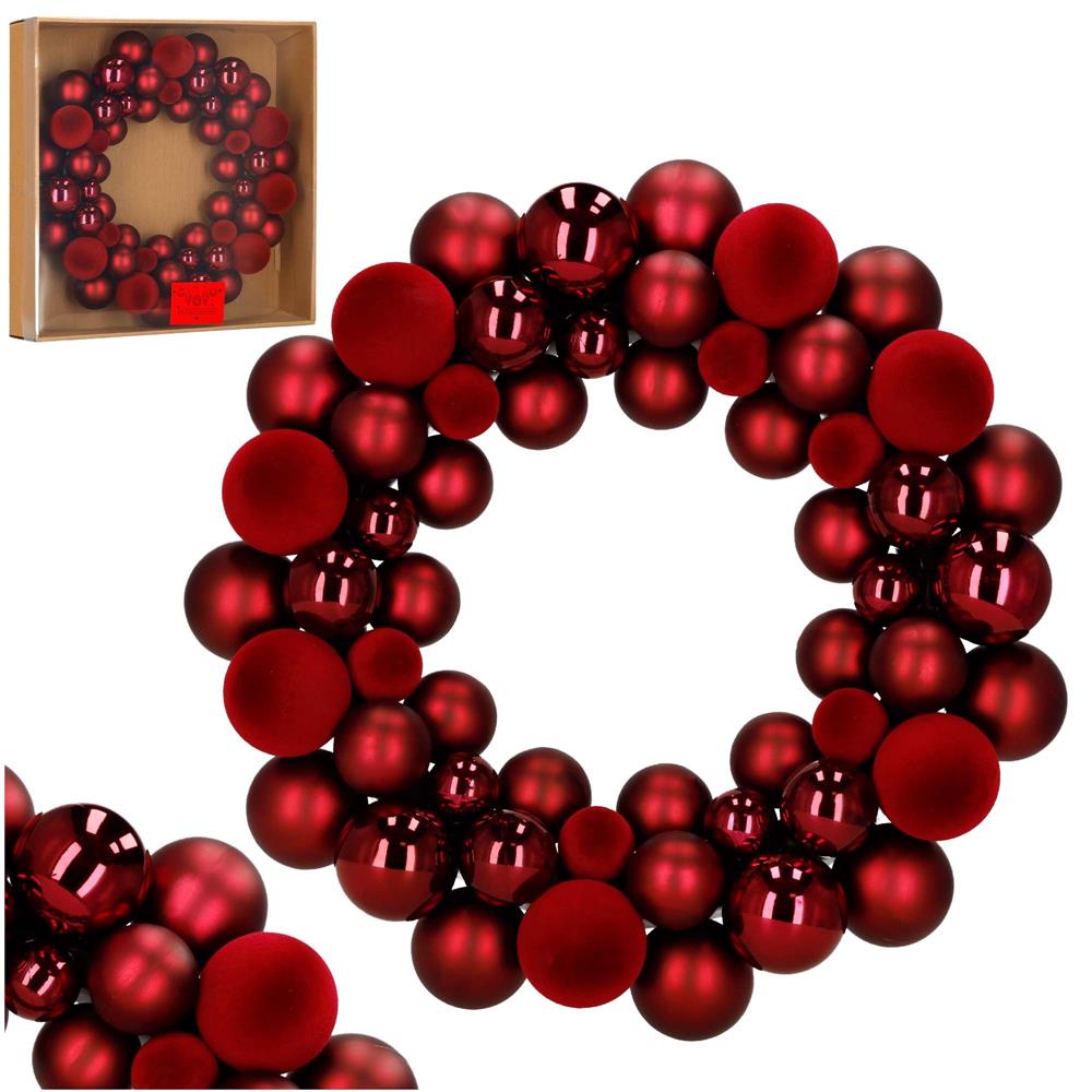 Coronita decorativa de Craciun cu 55 globuri rosii din plastic, 2.5-4.5 cm