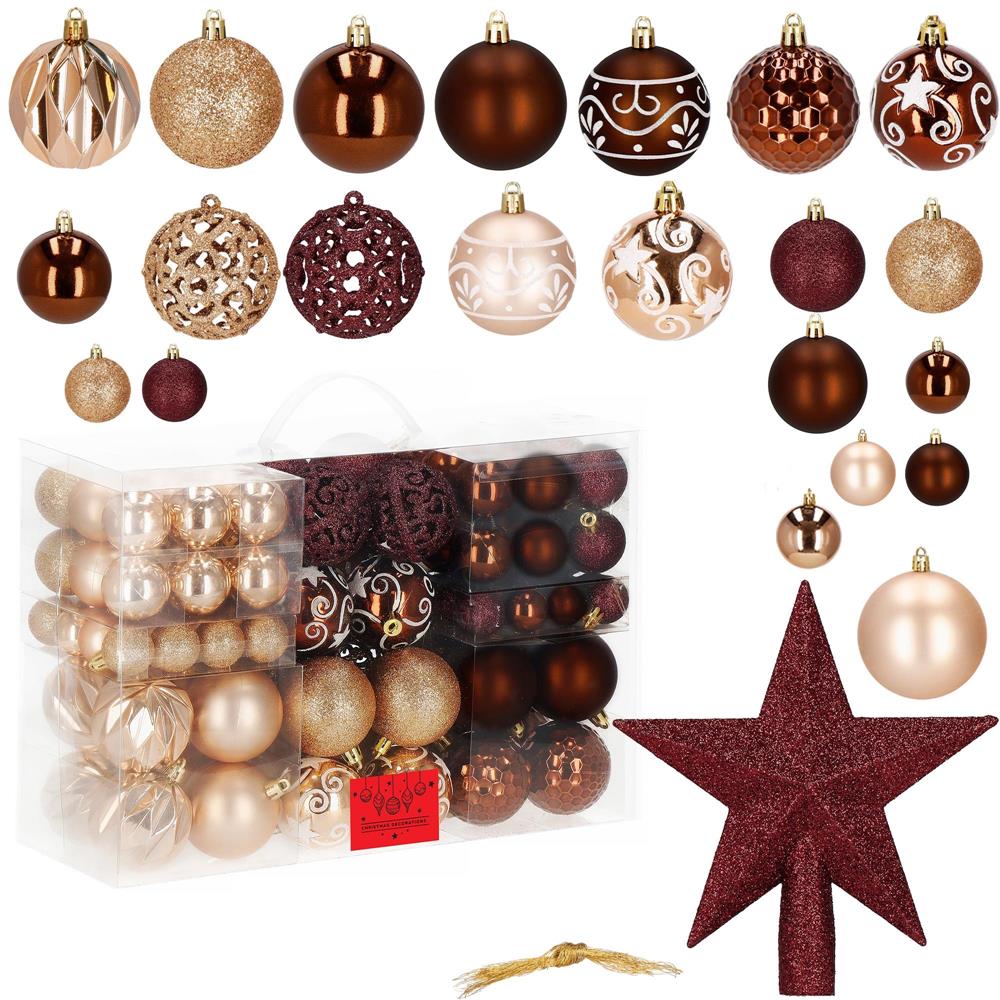 Set globuri pentru brad cu stea varf, 101 piese, maro si rose gold