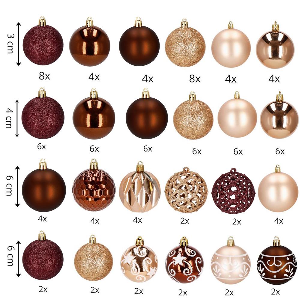Set globuri pentru brad cu stea varf, 101 piese, maro si rose gold