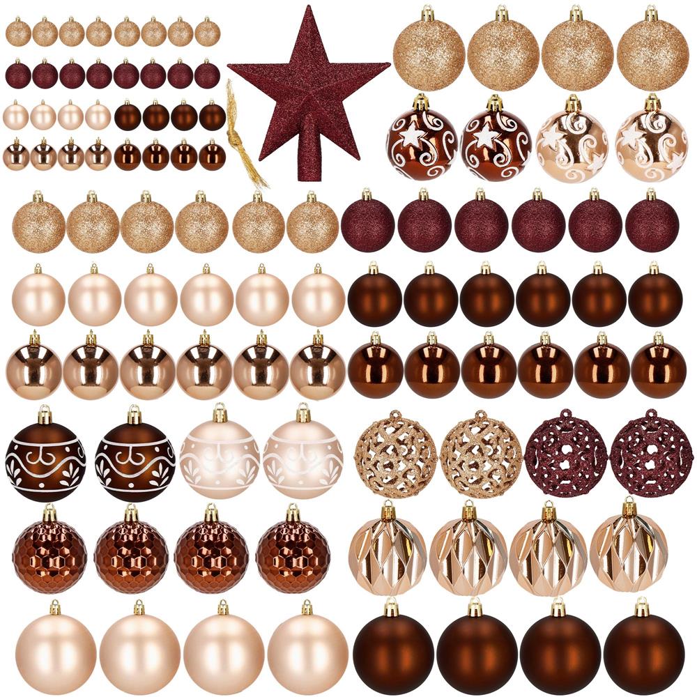 Set globuri pentru brad cu stea varf, 101 piese, maro si rose gold