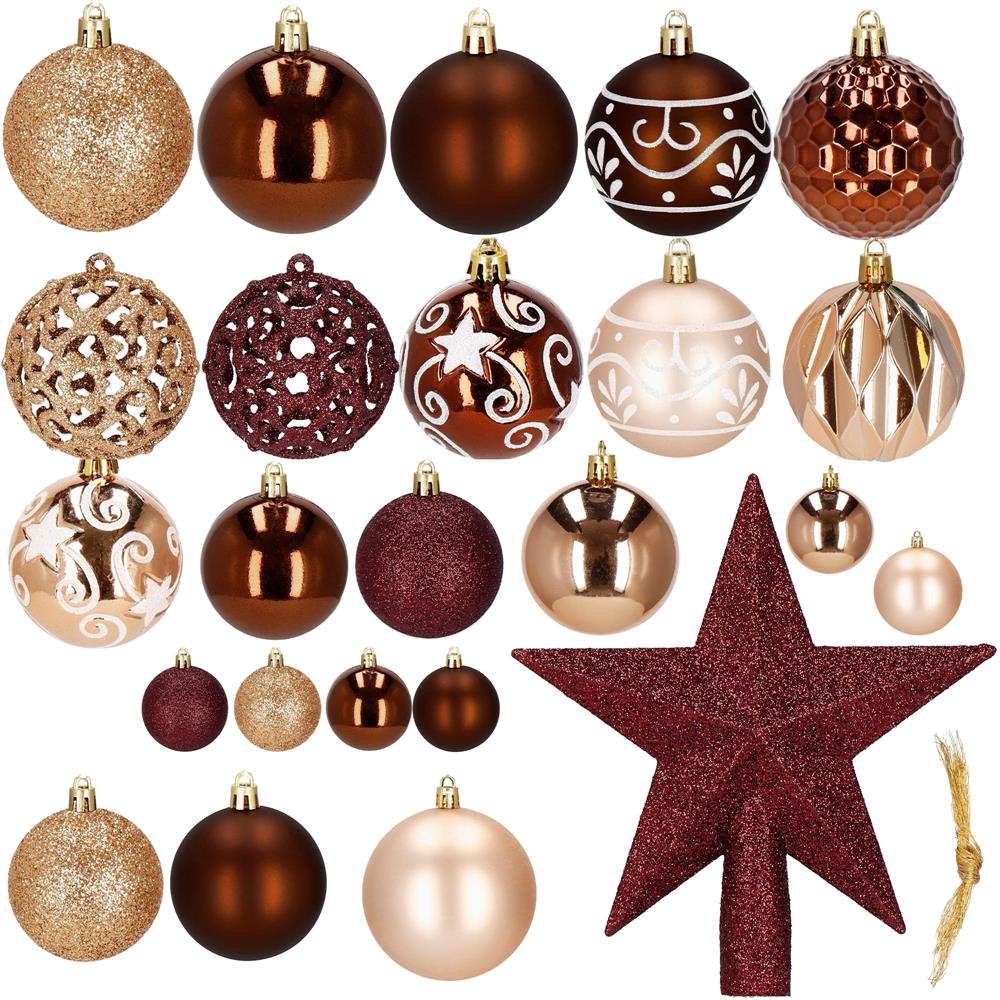 Set globuri pentru brad cu stea varf, 101 piese, maro si rose gold