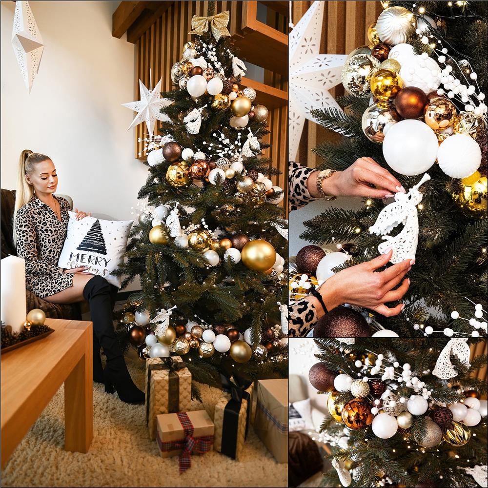 Set globuri pentru brad cu stea varf, 101 piese, maro si rose gold