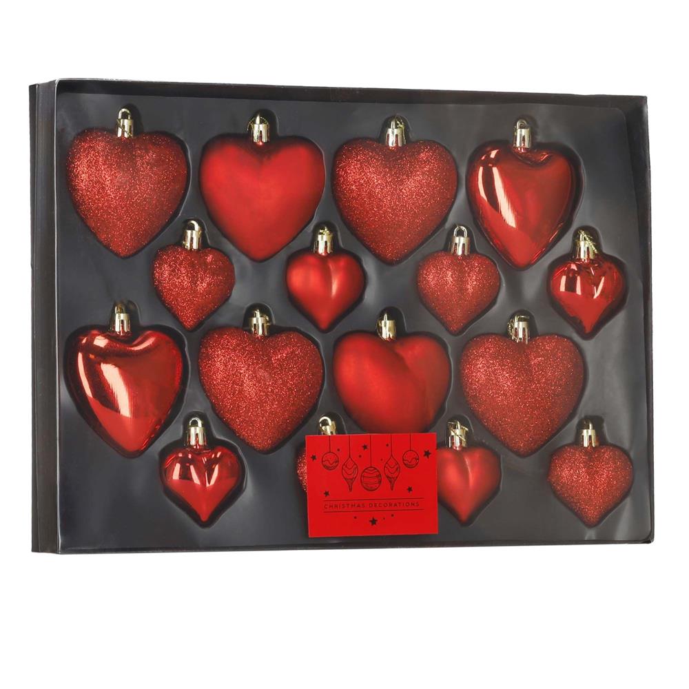 Set 16 globuri decorative inimă roșii din plastic, 4-7 cm