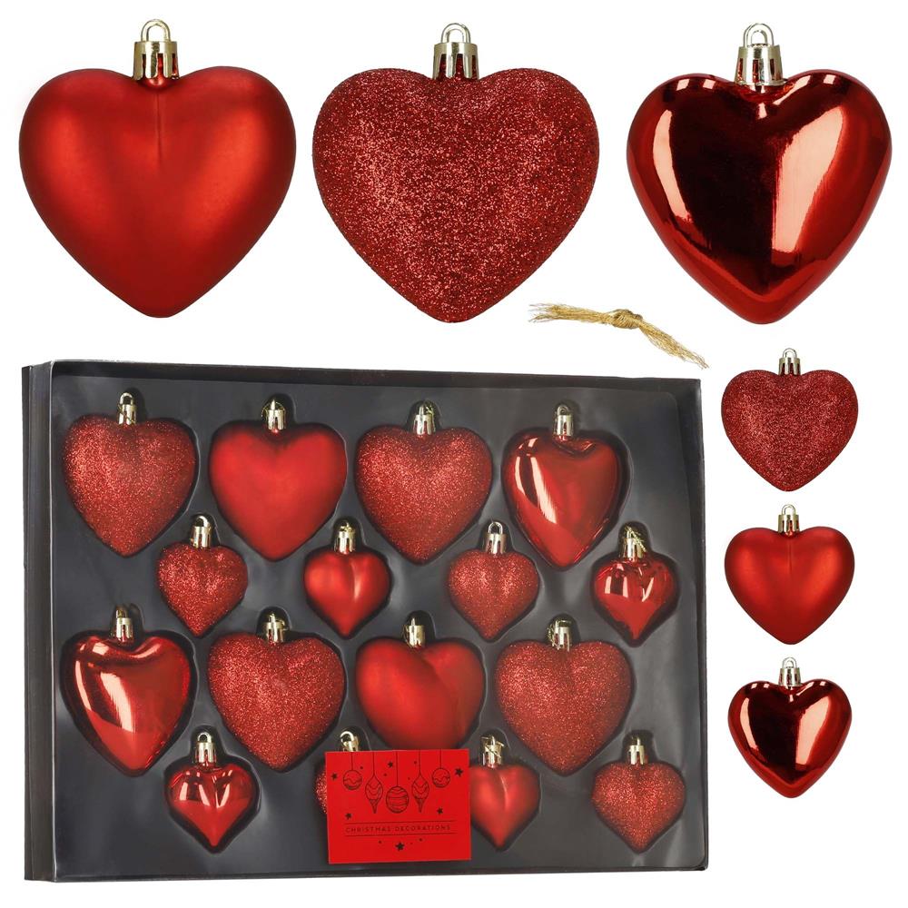 Set 16 globuri decorative inimă roșii din plastic, 4-7 cm