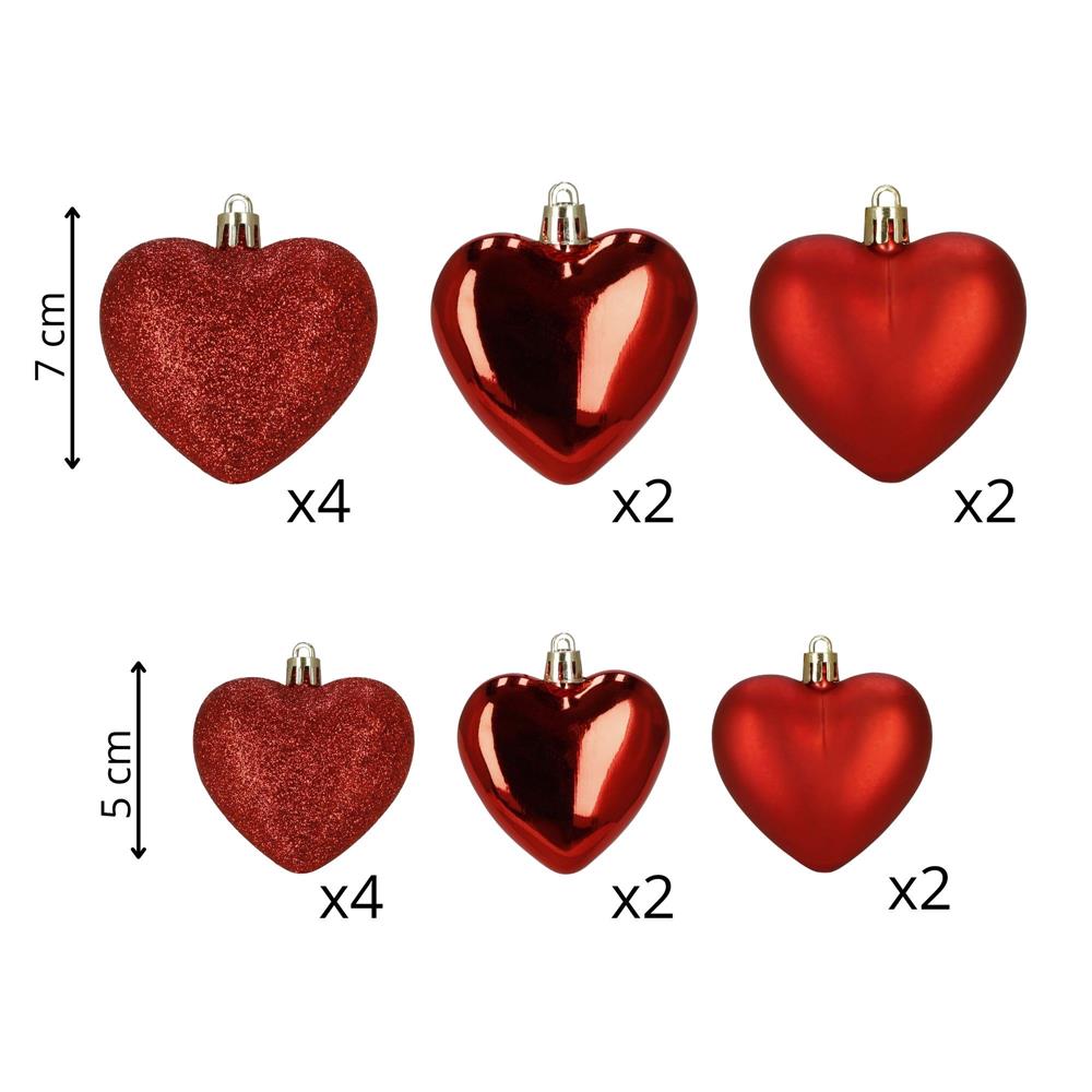 Set 16 globuri decorative inimă roșii din plastic, 4-7 cm