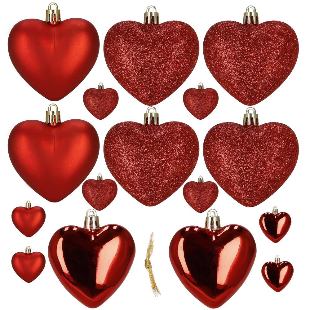 Set 16 globuri decorative inimă roșii din plastic, 4-7 cm