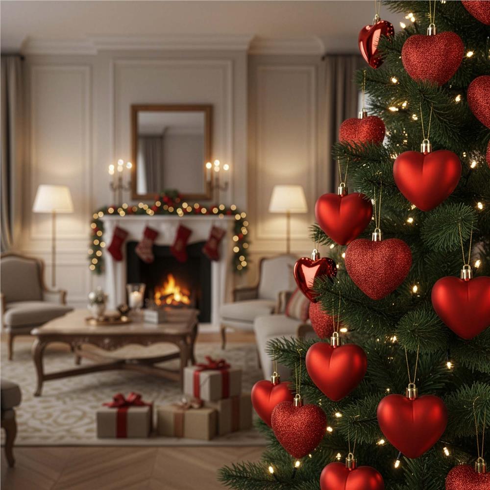 Set 16 globuri decorative inimă roșii din plastic, 4-7 cm