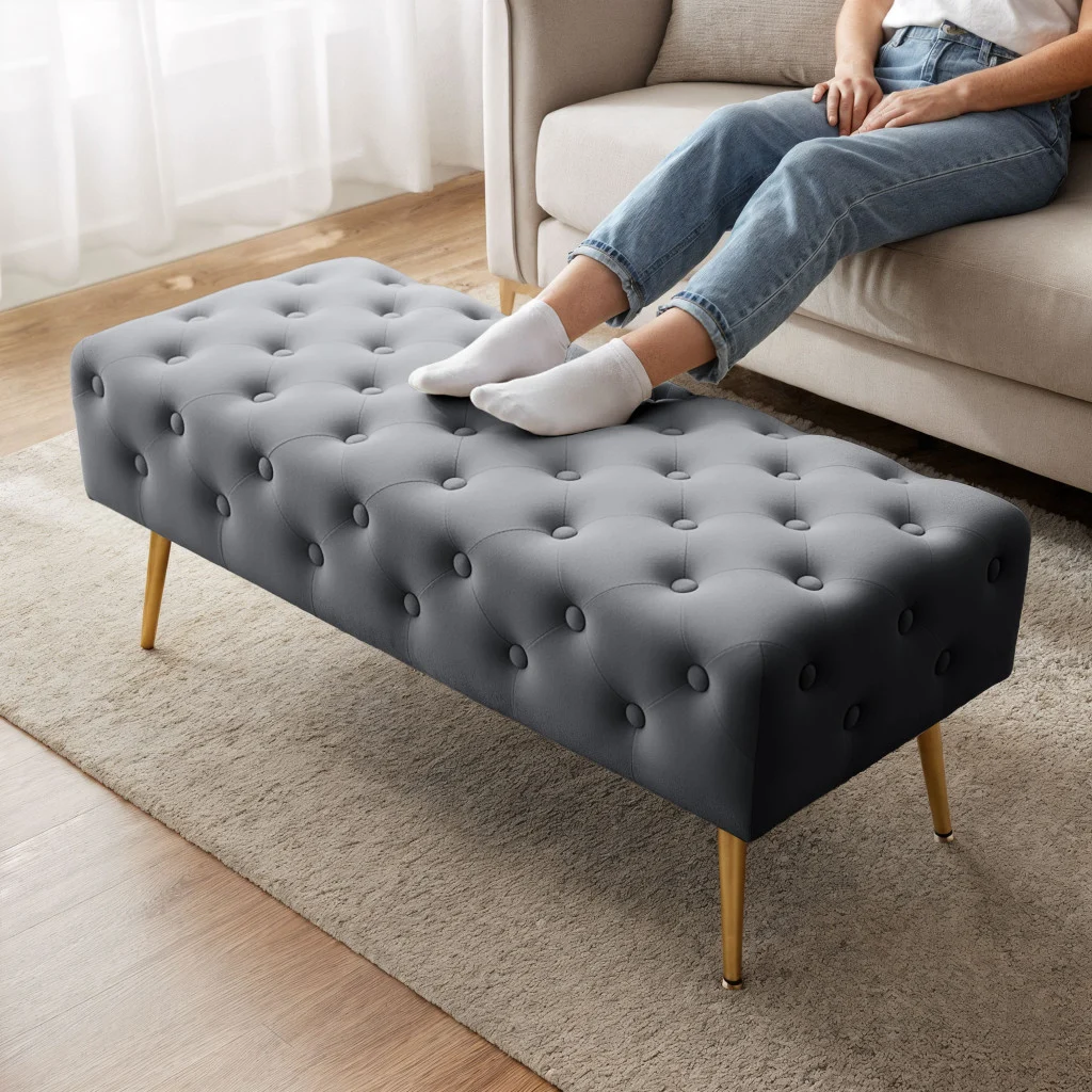 Taburet bancă Monaco gri, catifea capitonată, picioare metalice, 100x42x41 cm