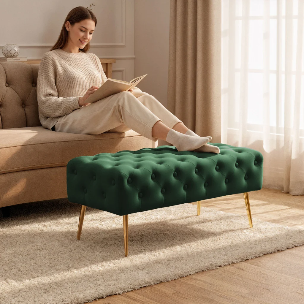 Taburet Monaco tip banca, catifea verde, picioare metalice, 100x42x41 cm