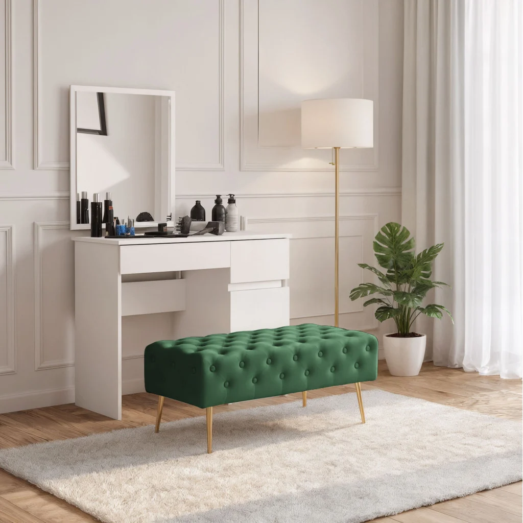 Taburet Monaco tip banca, catifea verde, picioare metalice, 100x42x41 cm