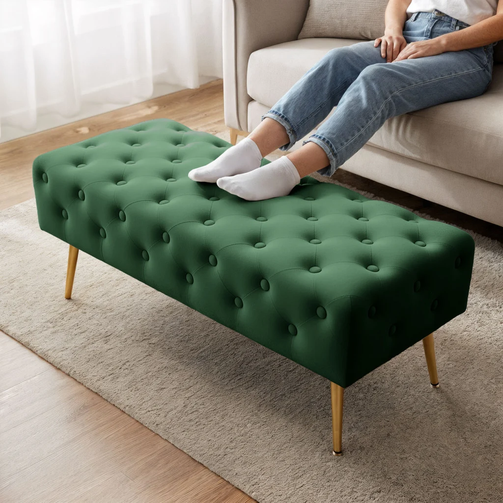 Taburet Monaco tip banca, catifea verde, picioare metalice, 100x42x41 cm