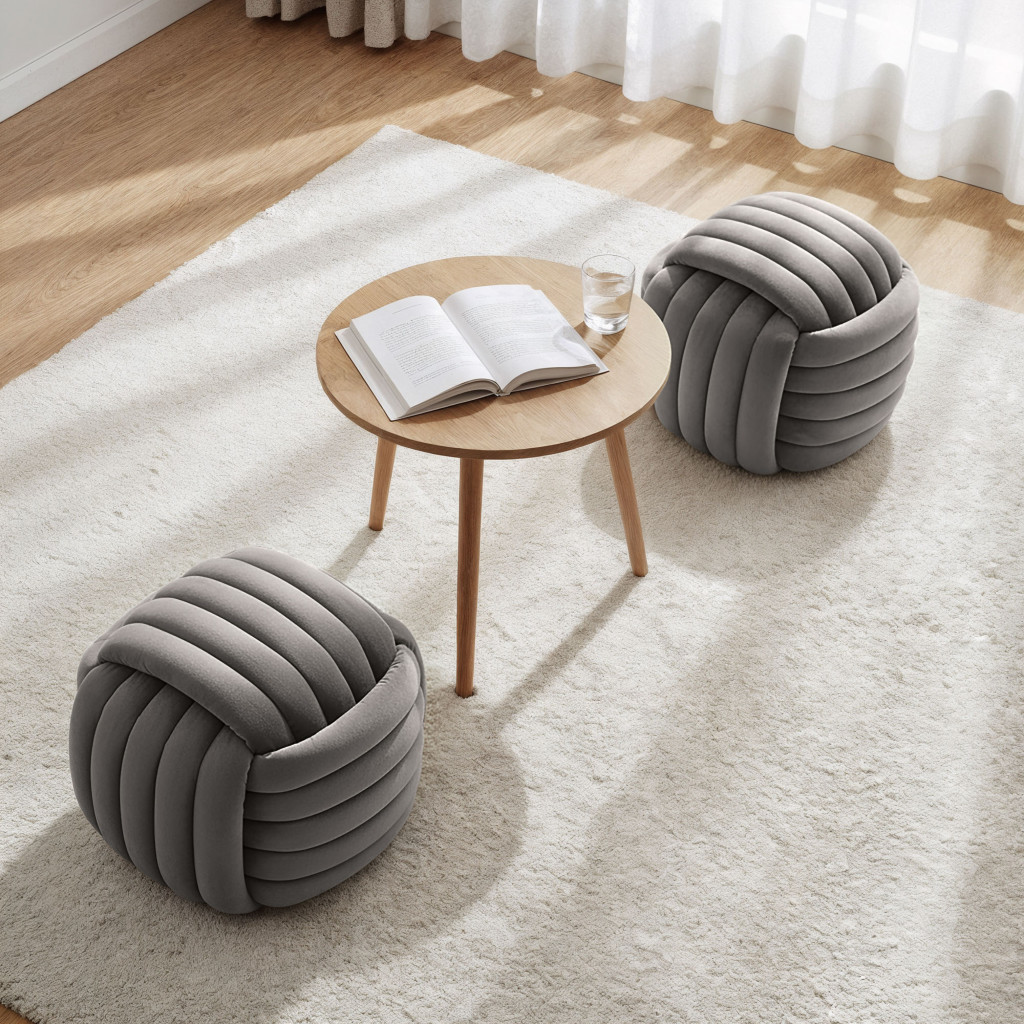 Taburet tapitat Nilo din velur, forma ovala, 53x50x43 cm, gri deschis