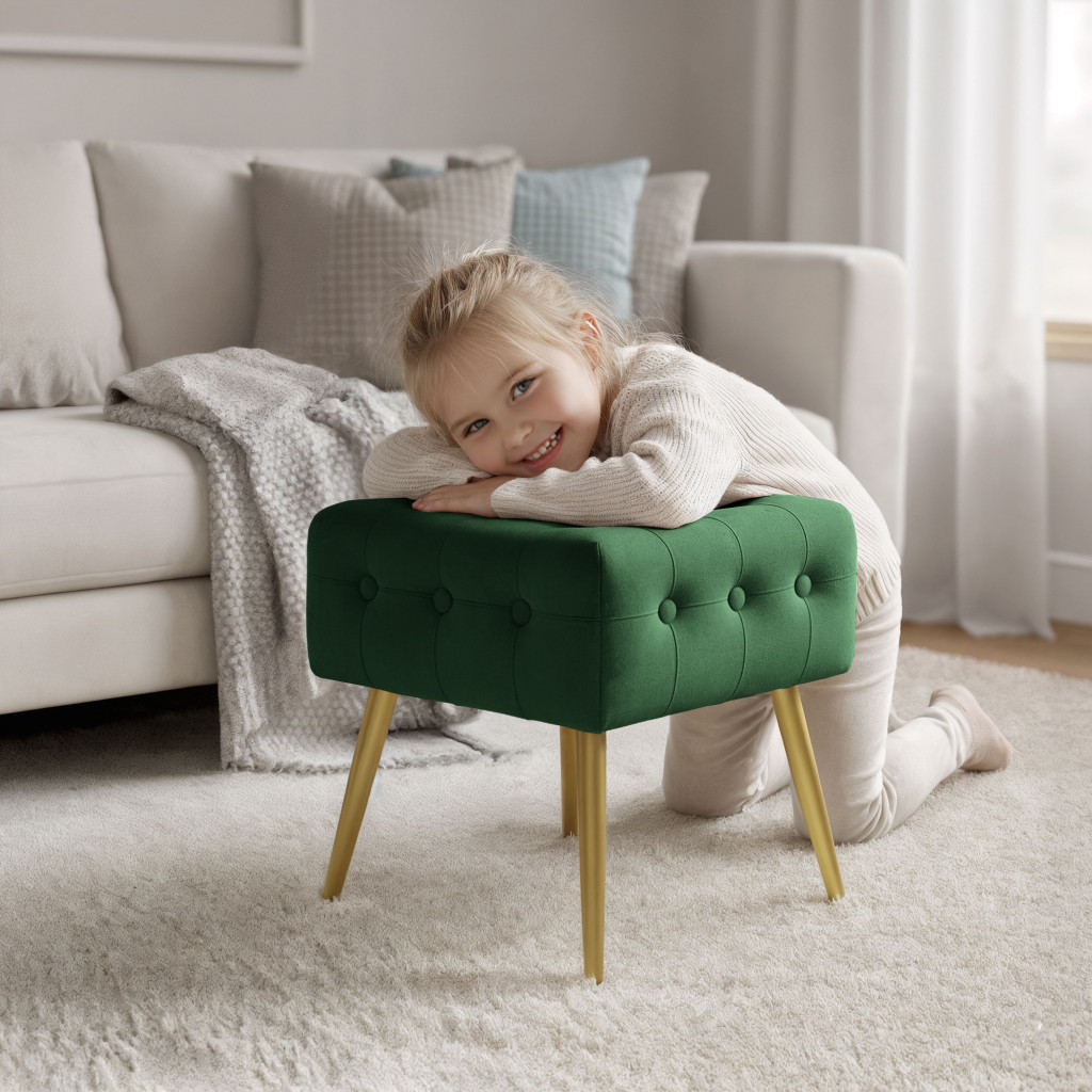 Taburet tapitat Quadra, velur, cu picioare metalice, 40x40x42 cm, verde