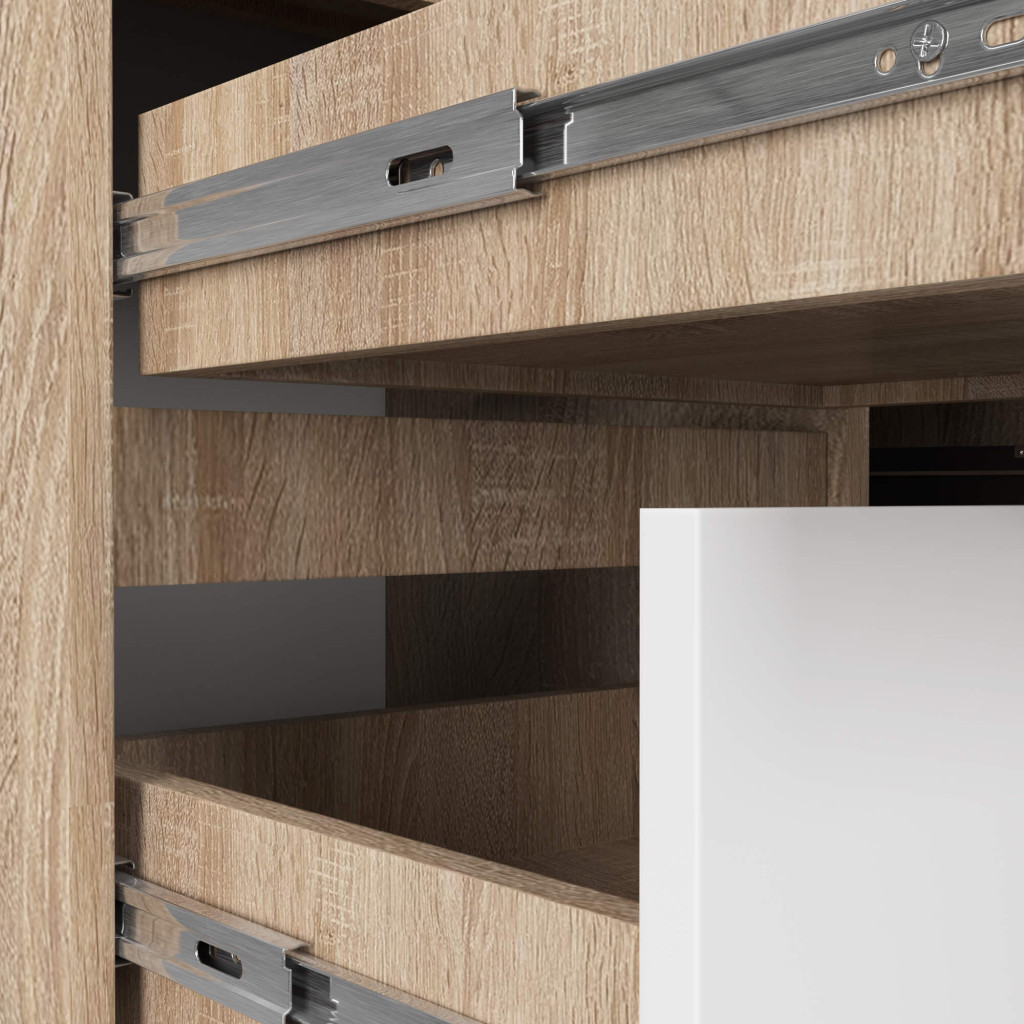 Birou de colț stânga în L cu 3 sertare și rafturi, sonoma alb, 155x85 cm