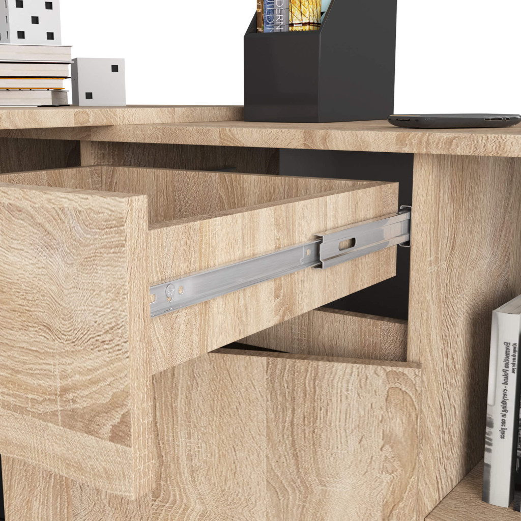 Birou de colt cu sertar, usa si 6 rafturi, PAL laminat 16 mm, 120x126x79 cm, stejar sonoma