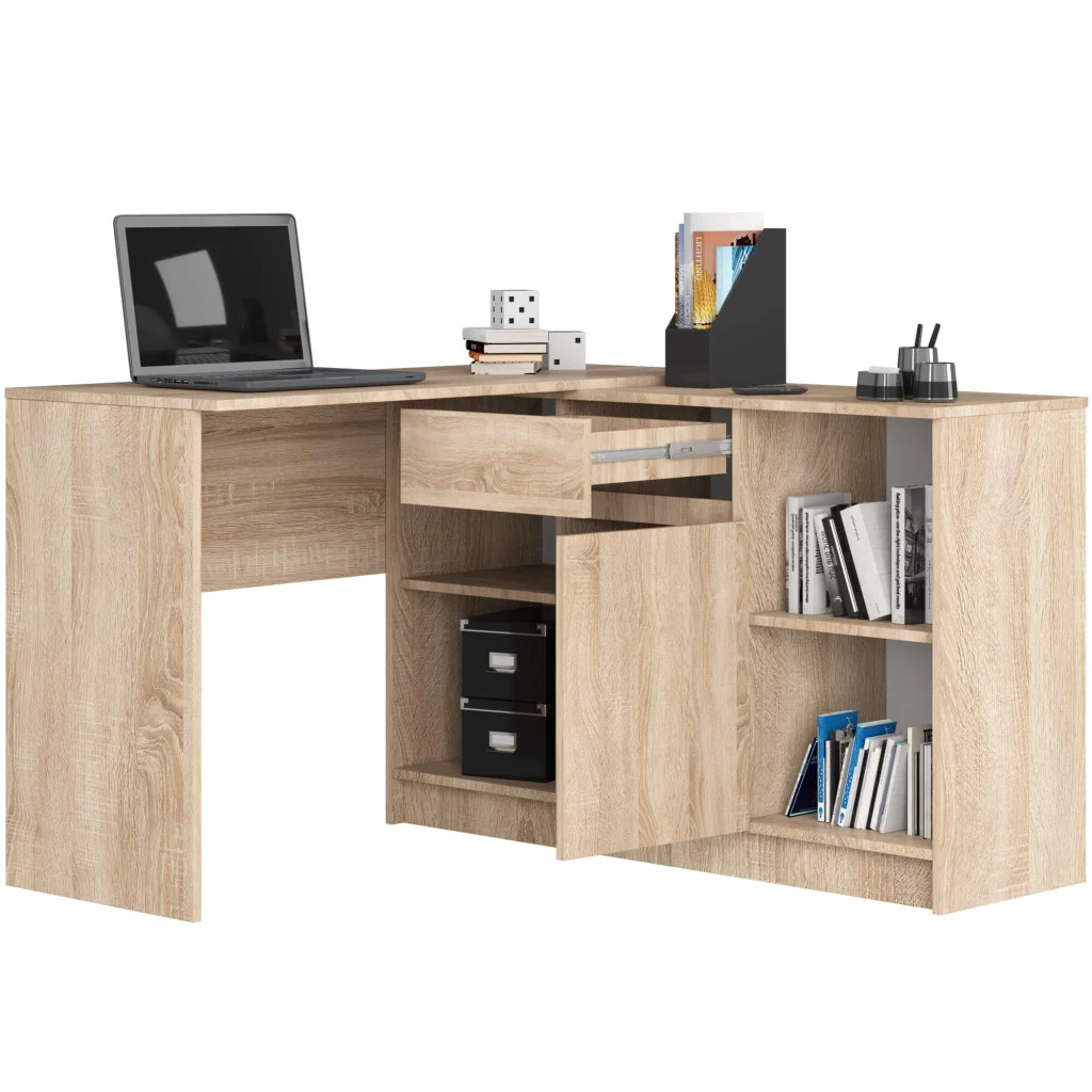 Birou de colt cu sertar, usa si 6 rafturi, PAL laminat 16 mm, 120x126x79 cm, stejar sonoma