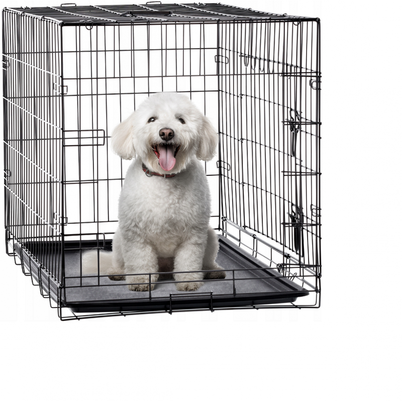 Cusca metalica pentru caine XL, pliabila, cu tava detasabila si maner, 91x57x63 cm, negru