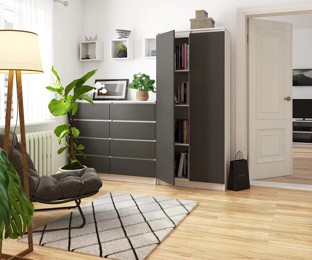 Dulap cu 8 etajere, PAL laminat 16 mm, 80x35x180 cm, alb si grafit