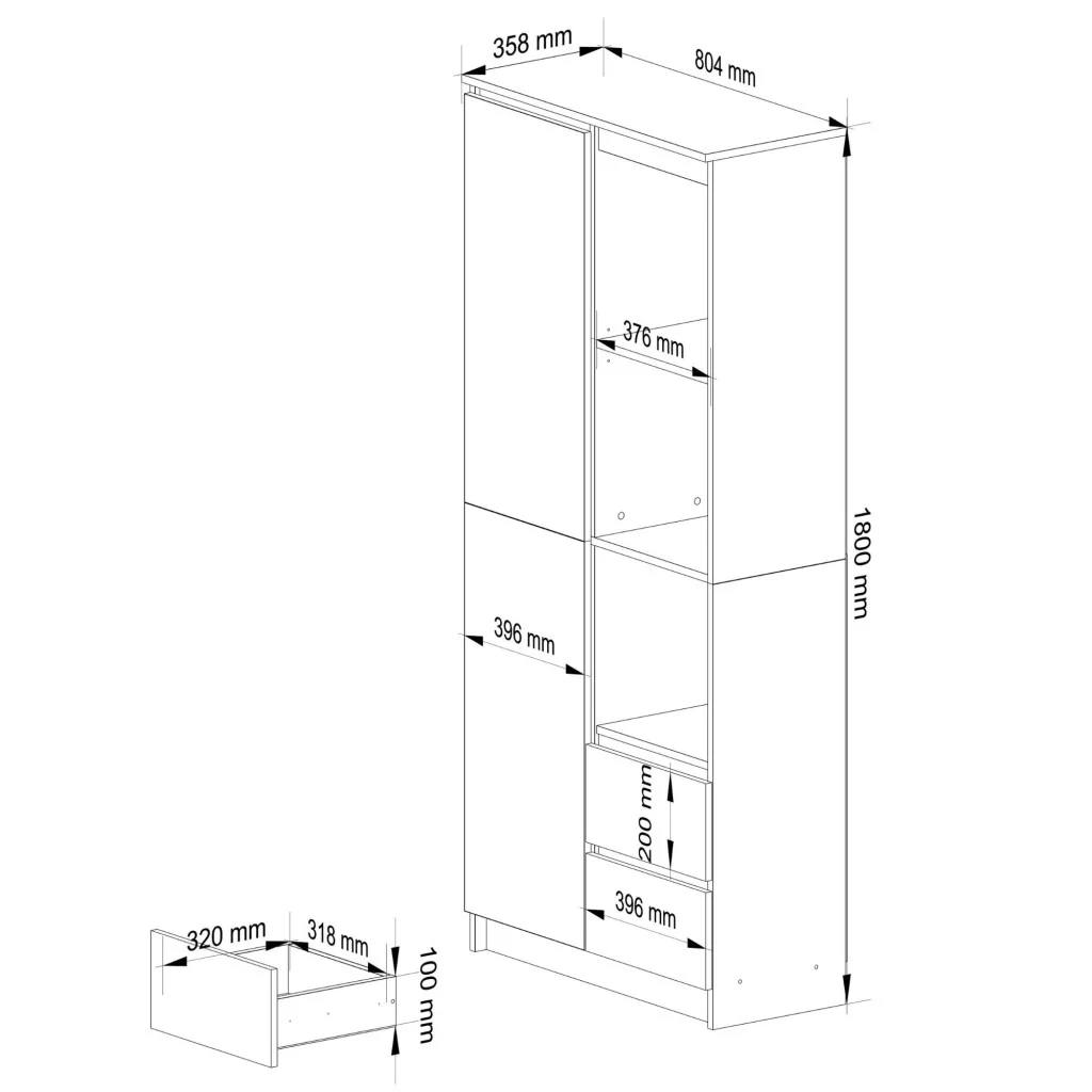 Dulap cu usa, 2 sertare si 7 rafturi, sonoma, 80x35x180 cm