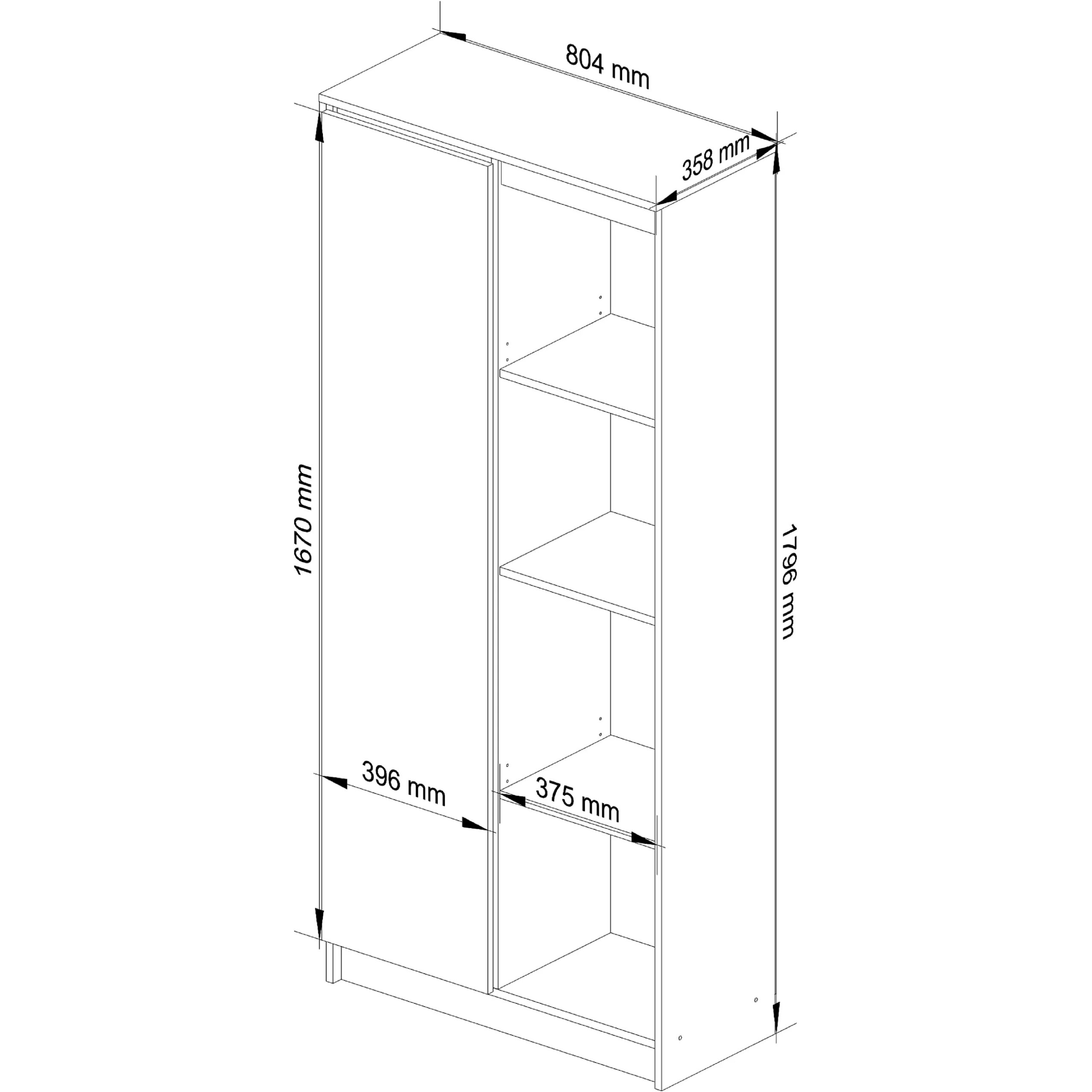 Dulap cu usa si 8 etajere, PAL laminat 16 mm, 80x35x180 cm, alb si gri