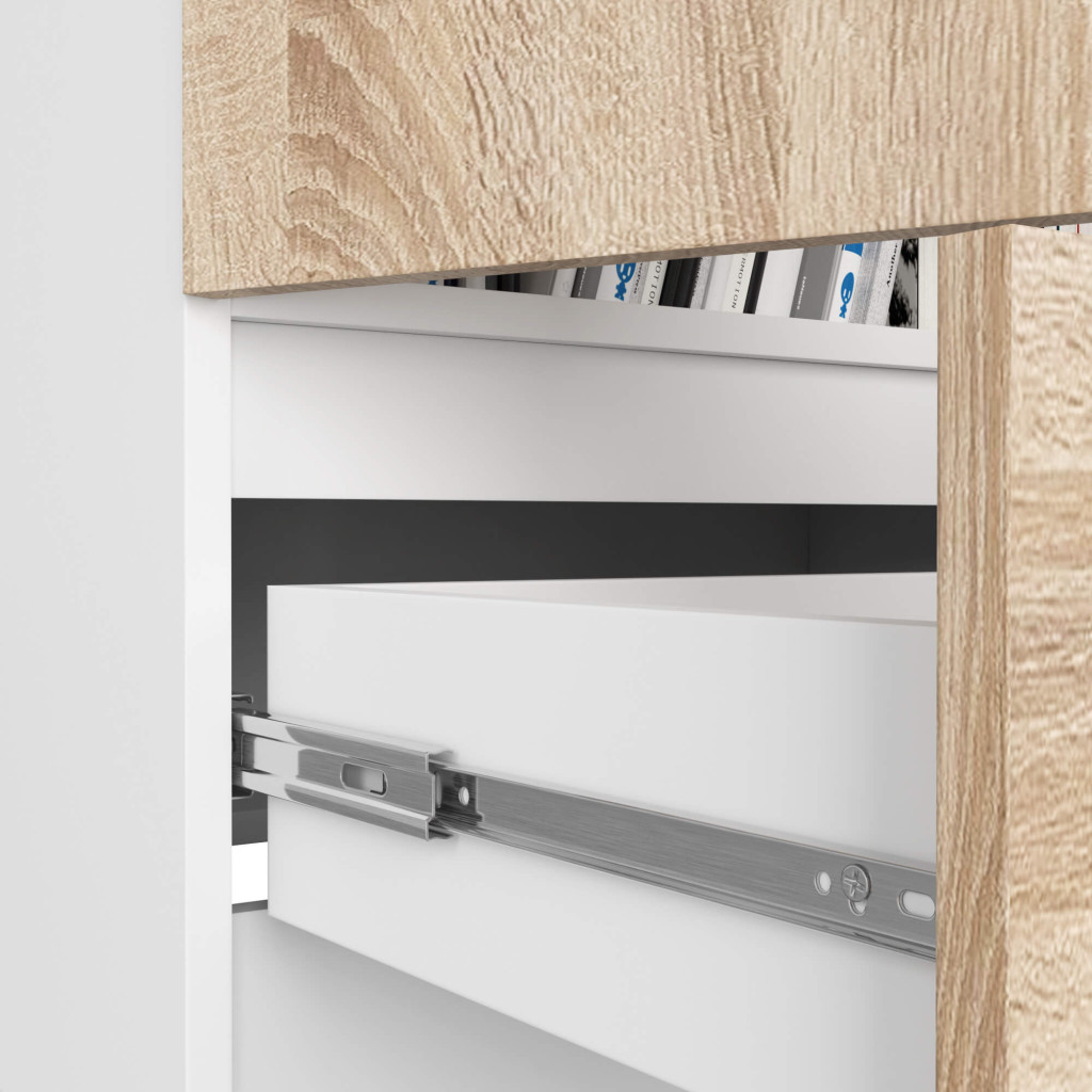 Dulap inchis cu 2 usi si sertar, 4 rafturi, PAL laminat 16 mm, 60x35x180 cm, alb si stejar sonoma