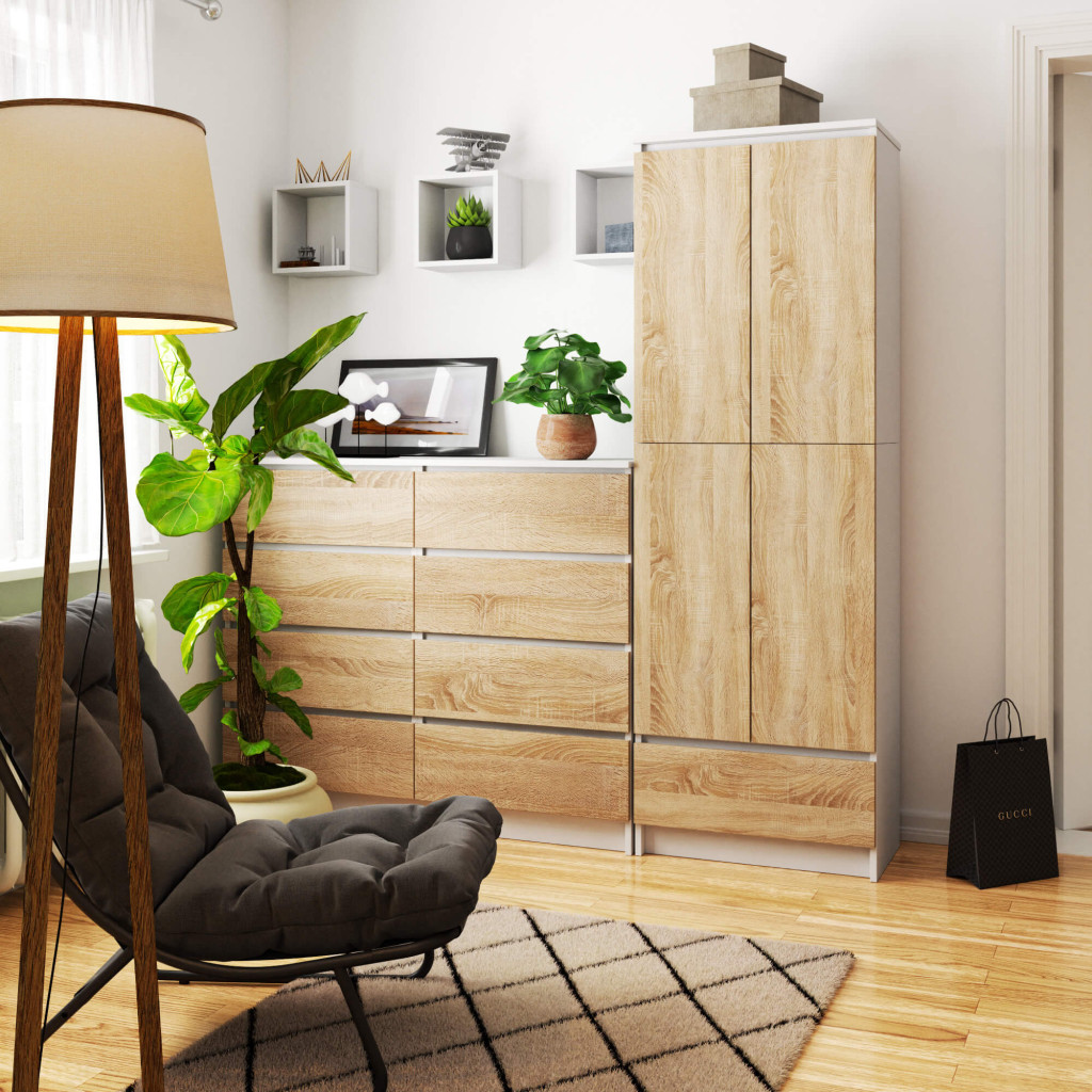 Dulap inchis cu 2 usi si sertar, 4 rafturi, PAL laminat 16 mm, 60x35x180 cm, alb si stejar sonoma