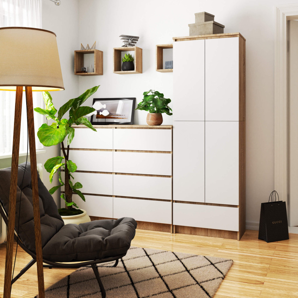 Dulap inchis cu 2 usi si sertar, 4 rafturi, PAL laminat 16 mm, 60x35x180 cm, stejar sonoma si alb