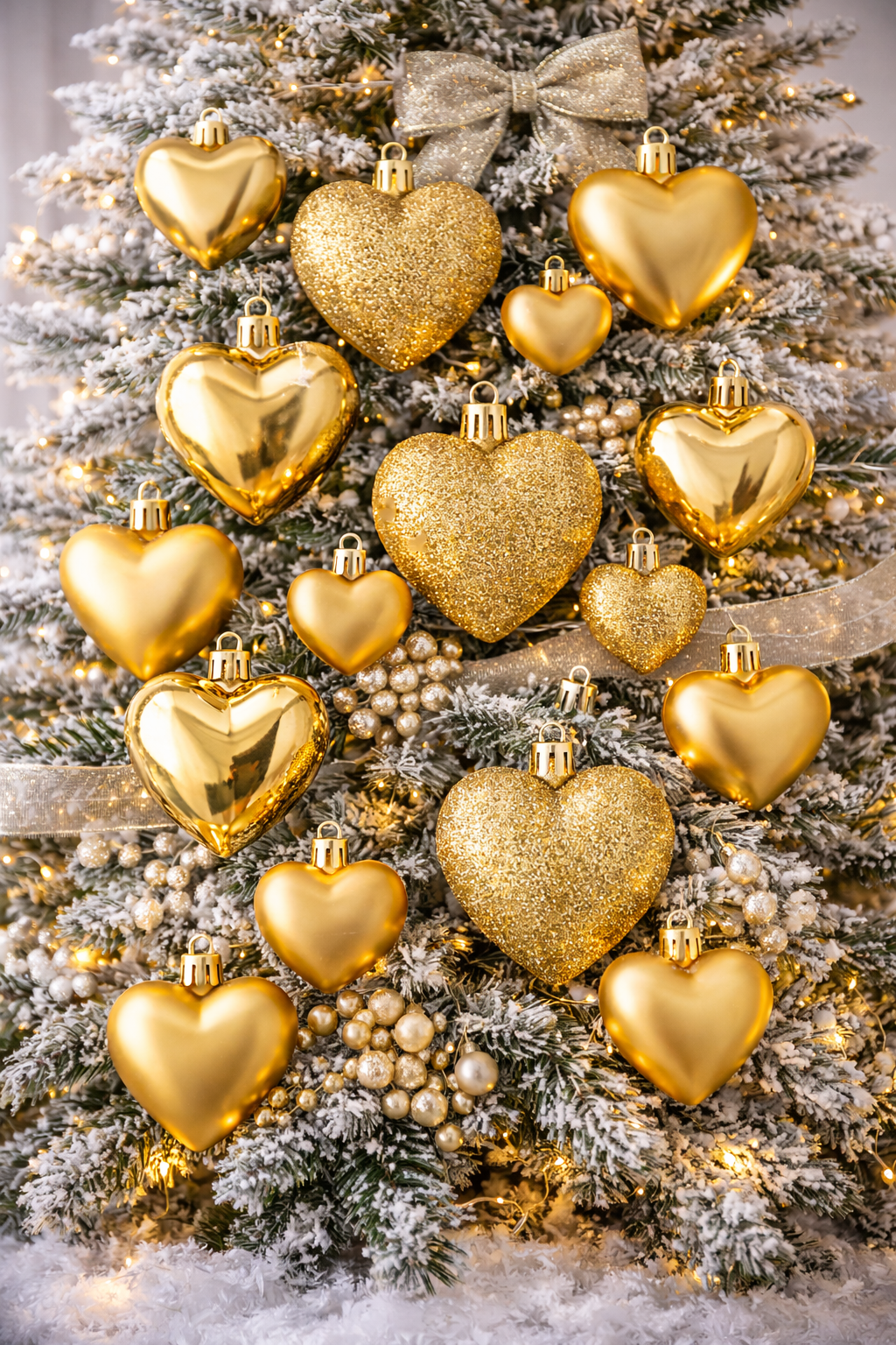Set 16 globuri decorative in forma de inima, aurii, din plastic, 4-7 cm