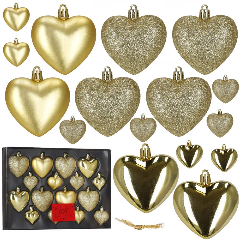 Set 16 globuri decorative in forma de inima, aurii, din plastic, 4-7 cm