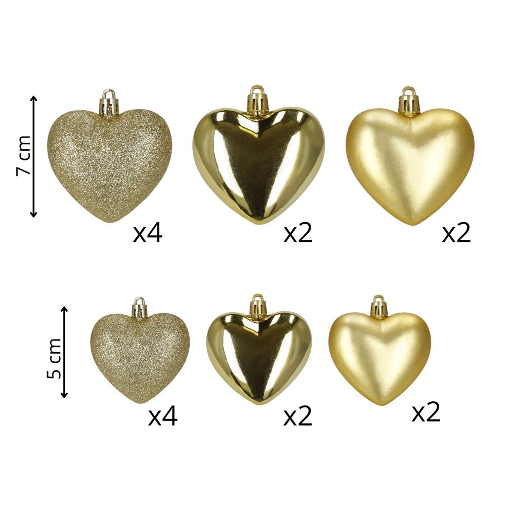 Set 16 globuri decorative in forma de inima, aurii, din plastic, 4-7 cm