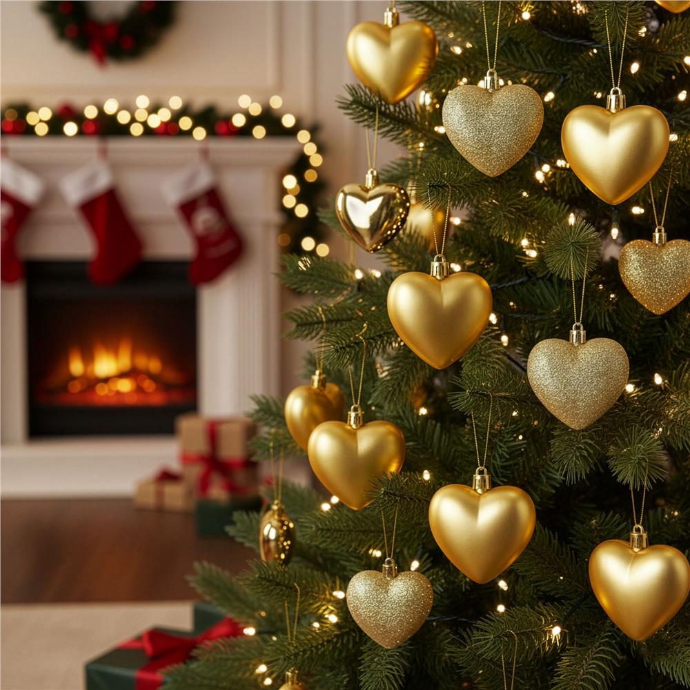 Set 16 globuri decorative in forma de inima, aurii, din plastic, 4-7 cm