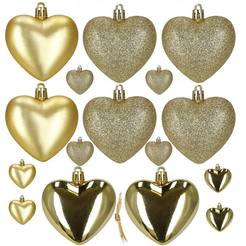 Set 16 globuri decorative in forma de inima, aurii, din plastic, 4-7 cm