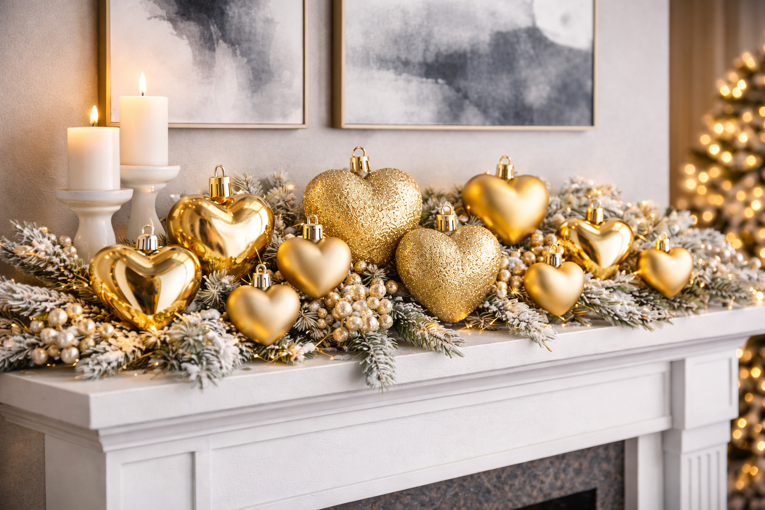 Set 16 globuri decorative in forma de inima, aurii, din plastic, 4-7 cm