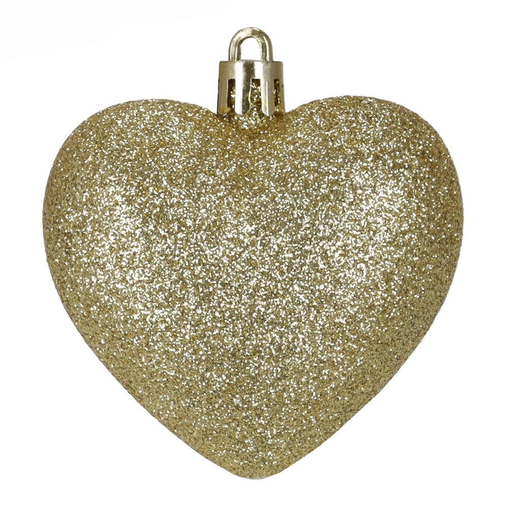 Set 16 globuri decorative in forma de inima, aurii, din plastic, 4-7 cm