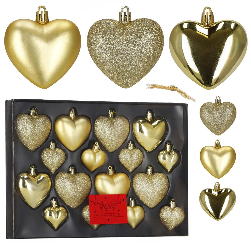Set 16 globuri decorative in forma de inima, aurii, din plastic, 4-7 cm