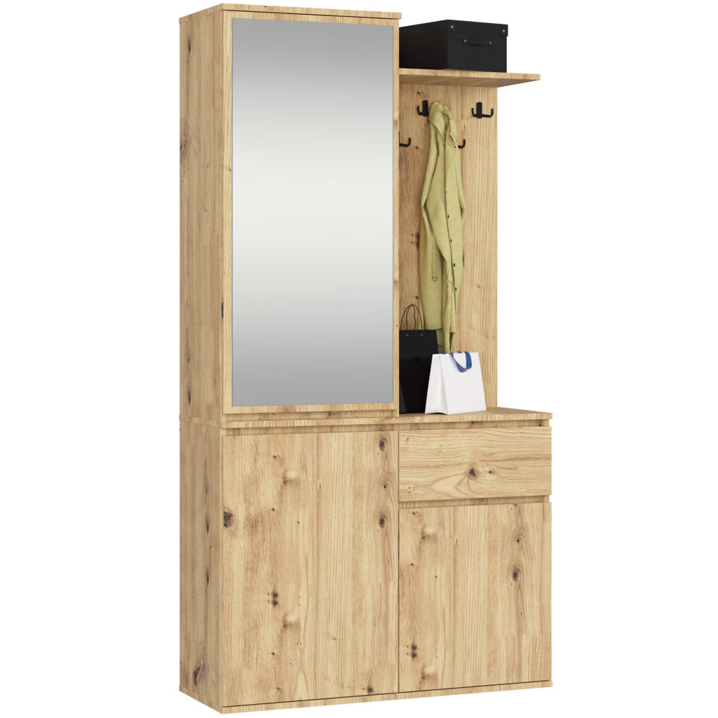 Set hol Entro cu oglinda, cuier si spatii de depozitare, PAL laminat 16 mm, 95x35x183 cm, stejar artisan