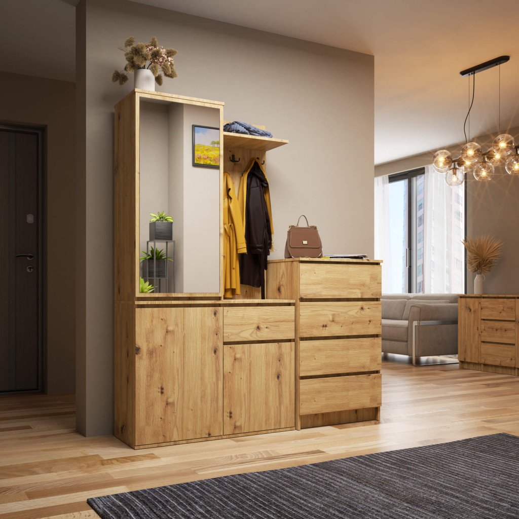 Set hol Entro cu oglinda, cuier si spatii de depozitare, PAL laminat 16 mm, 95x35x183 cm, stejar artisan