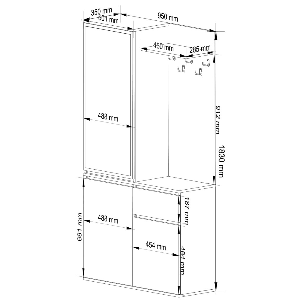 Set hol Entro cu oglinda, cuier si spatii de depozitare, PAL laminat 16 mm, 95x35x183 cm, stejar artisan